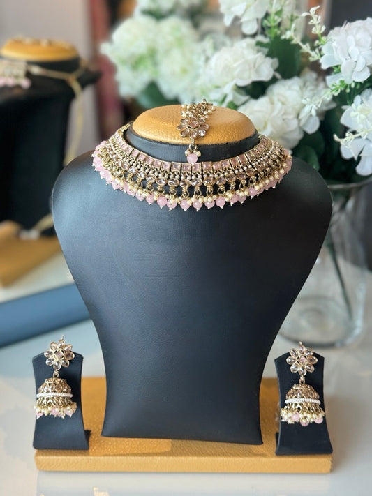 Gold Pink Choker Set with Jhumkas & Tikka