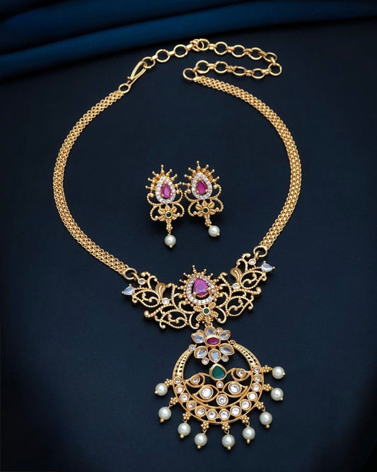 Gold Necklace Set with Stone & Pearl