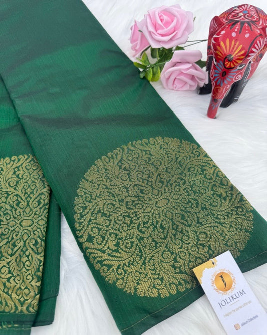Dark Green Saree with Gold Buddha Motifs