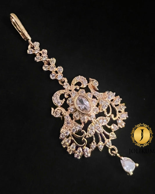 Gold Tikka with Dual Peacock Motifs and Hanging White Stone