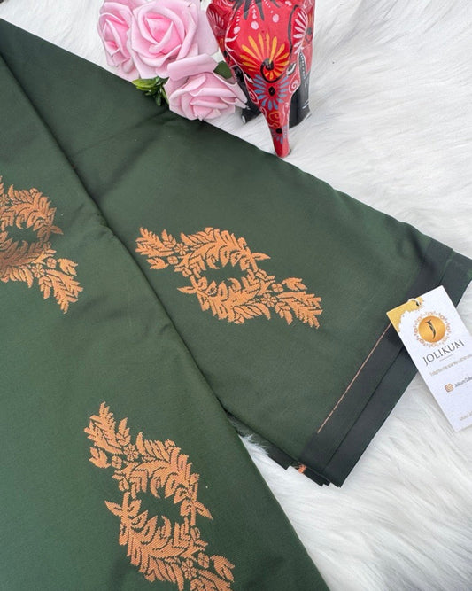 Bottle Green Semi-Silk Saree with Elegant Leaf Motifs