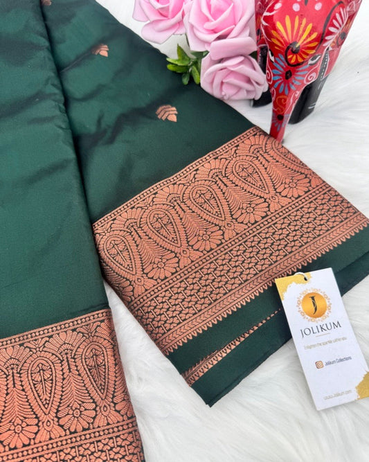 Dark Bottle Green Semi-Silk Saree with Rose Gold Border