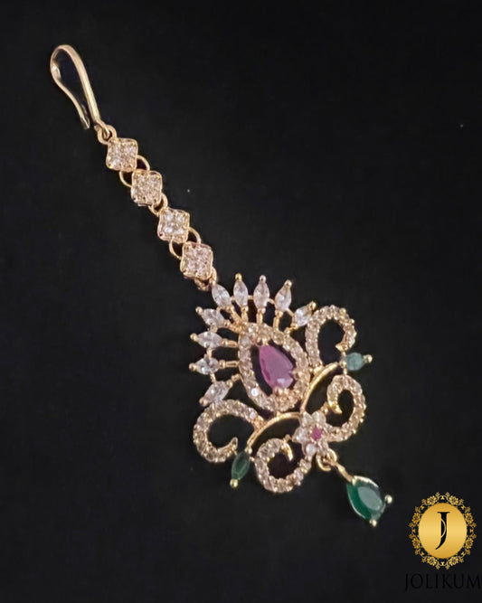 Gold Tikka with White, Green & Purple Stones