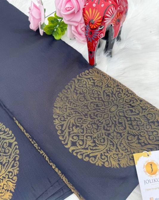 Navy Blue Semi-Silk Saree with Bold Round Buddha Motif