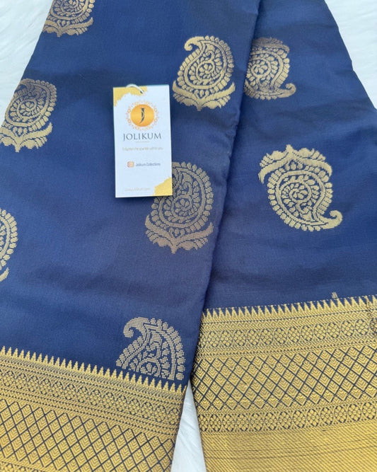 Navy Blue Semi-Silk Saree with Buddha Motifs and Bold Gold Border