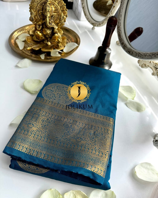 Elegant Dark Ocean Blue Semi Silk Saree
