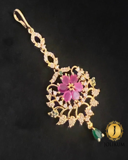 Gold Tikka with Pink Stone Flower and Dark Green Bead