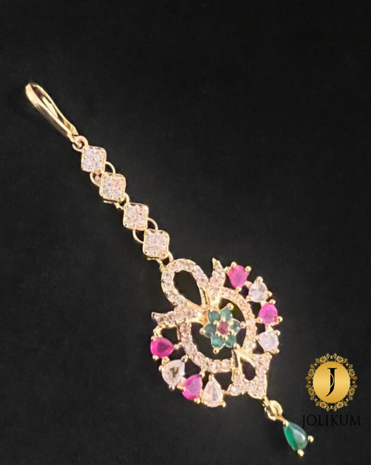 Multicolor Stone Gold Tikka with White, Green, Pink & Red Gems