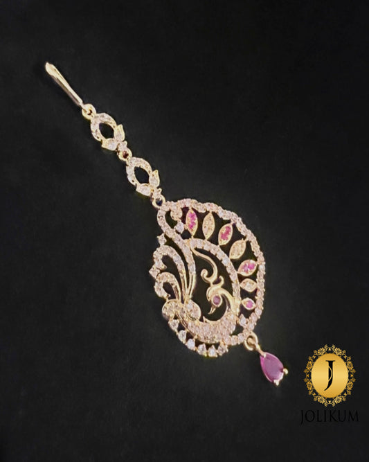 Gold Peacock Tikka with Pink Stones and Hanging Pink Stone