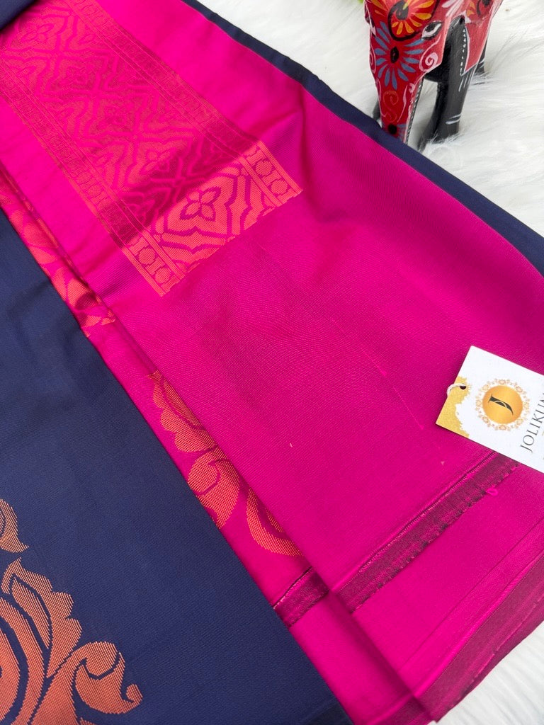 Soft Silk Navy Blue Saree with Elegant Rose Gold Design