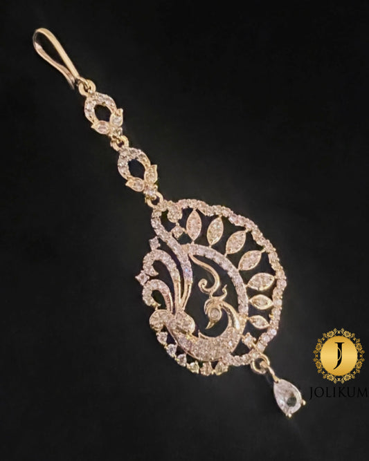 Gold Peacock Tikka with Single Hanging White Stone