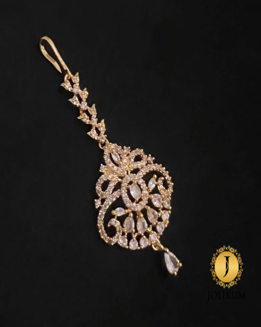 Round Carved Gold Tikka with Single Hanging White Stone