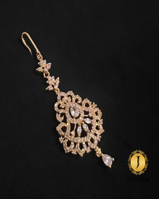 Oval Carved Gold Tikka with Hanging White Stone