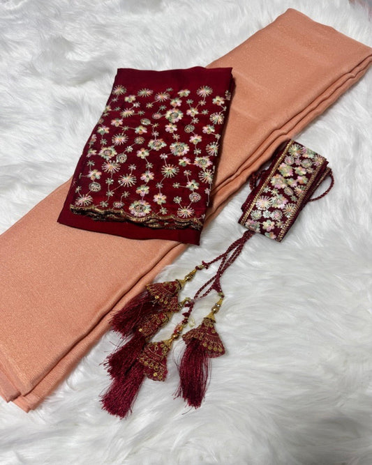 Peach Designer Party Saree with Bold Red Blouse and Stylish Belt