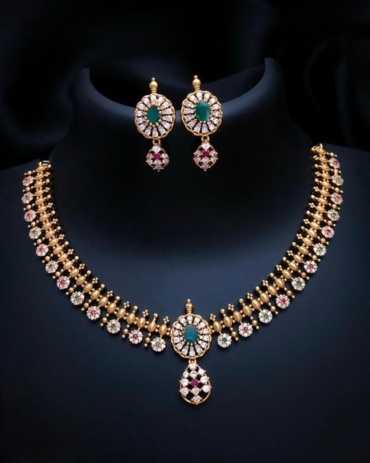 Green Stone Necklace With Earring