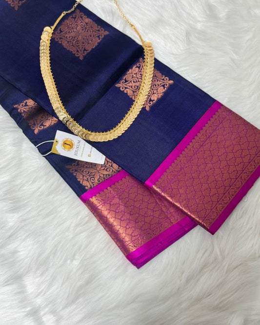 Pure Silk Navy Blue Saree with Radiant Rose Gold Border