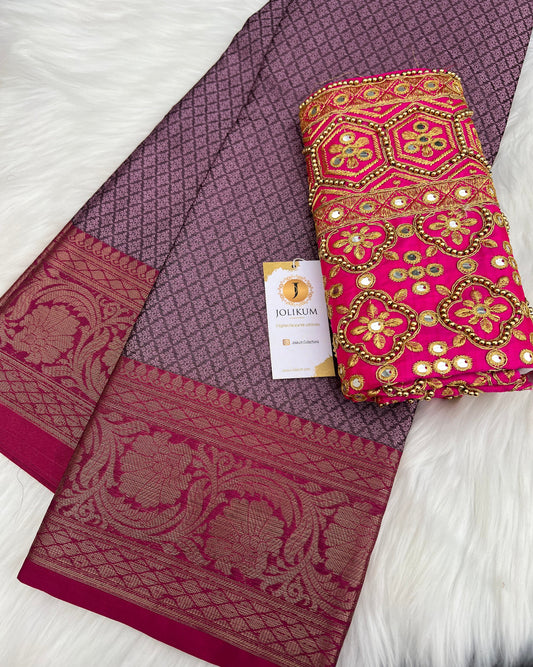 Purple Soft Silk Saree with Pink Designer Blouse
