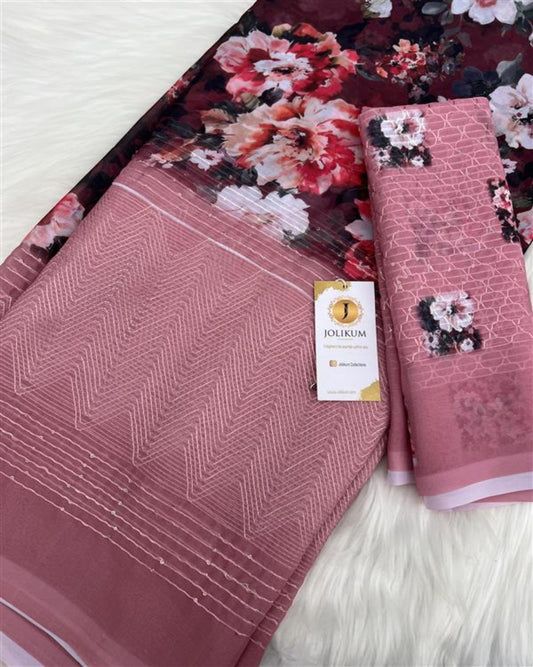 Elegant Dusty Rose Embroidered Floral Saree