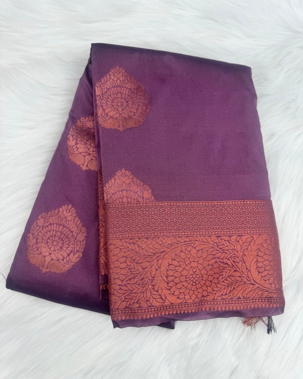 Purple Semi-Silk Saree with Elegant Rose Gold Border