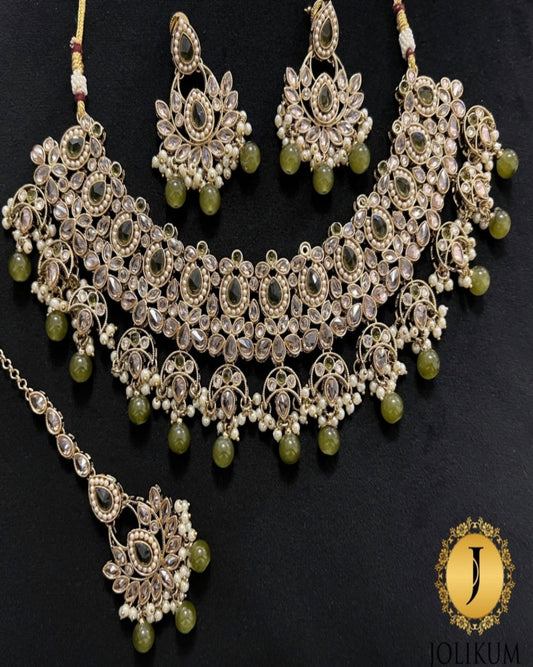 Gold Indian Choker Set with Dark Green Stones & Beads, Earrings & Tikka