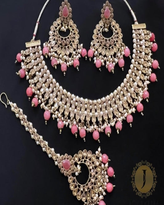 Gold Indian Choker Set with Soft Pink Beads, Earrings & Tikka