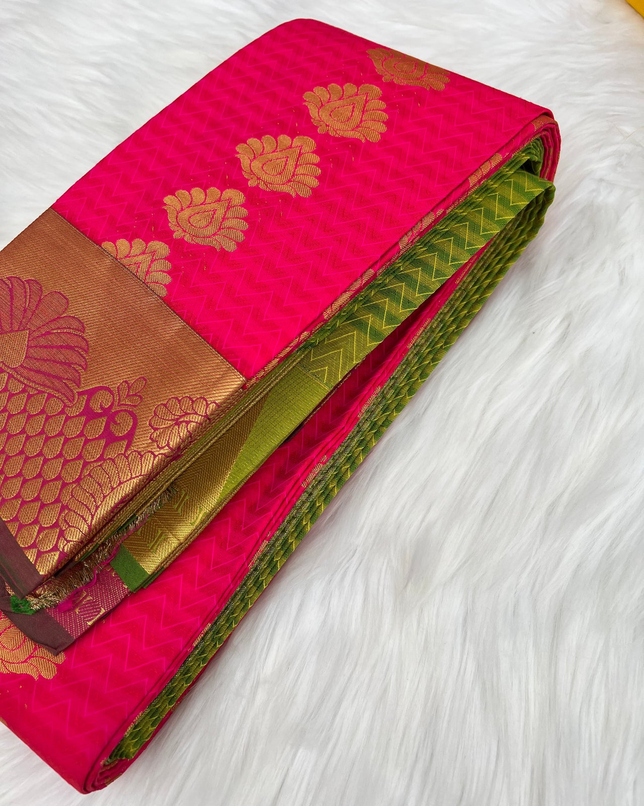 Pink Saree with Green Border and Gold Motif