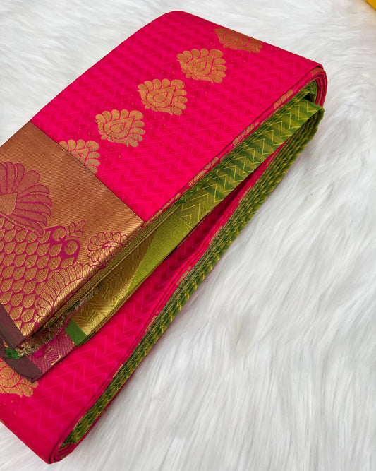 Pink Saree with Green Border and Gold Motif