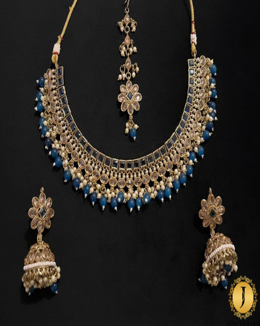 Navy Blue Stone and Pearl Choker set-with Tikka