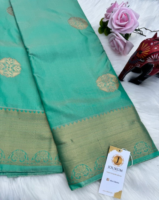 Light Green Semi-Silk Saree with Elegant Gold Border