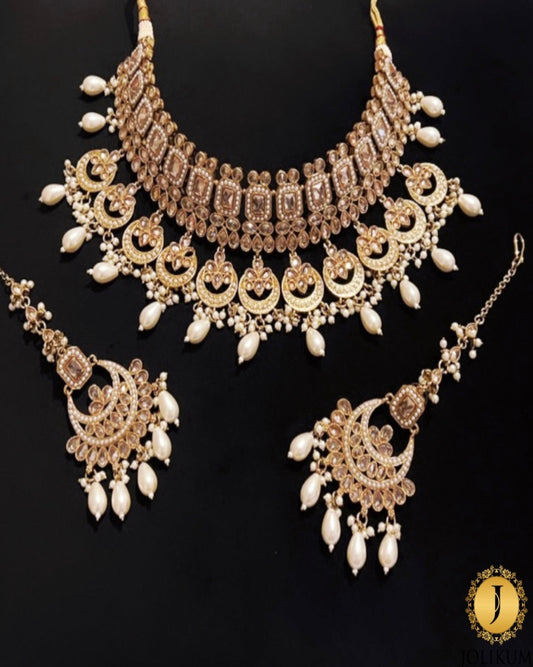 Regal Gold Stone & Pearl Choker Set with Matching Tikka