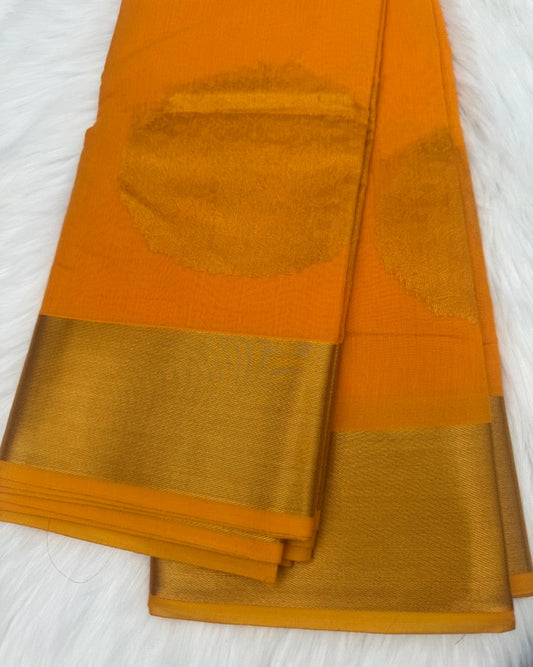 Orange Cotton Saree with Gold Zari