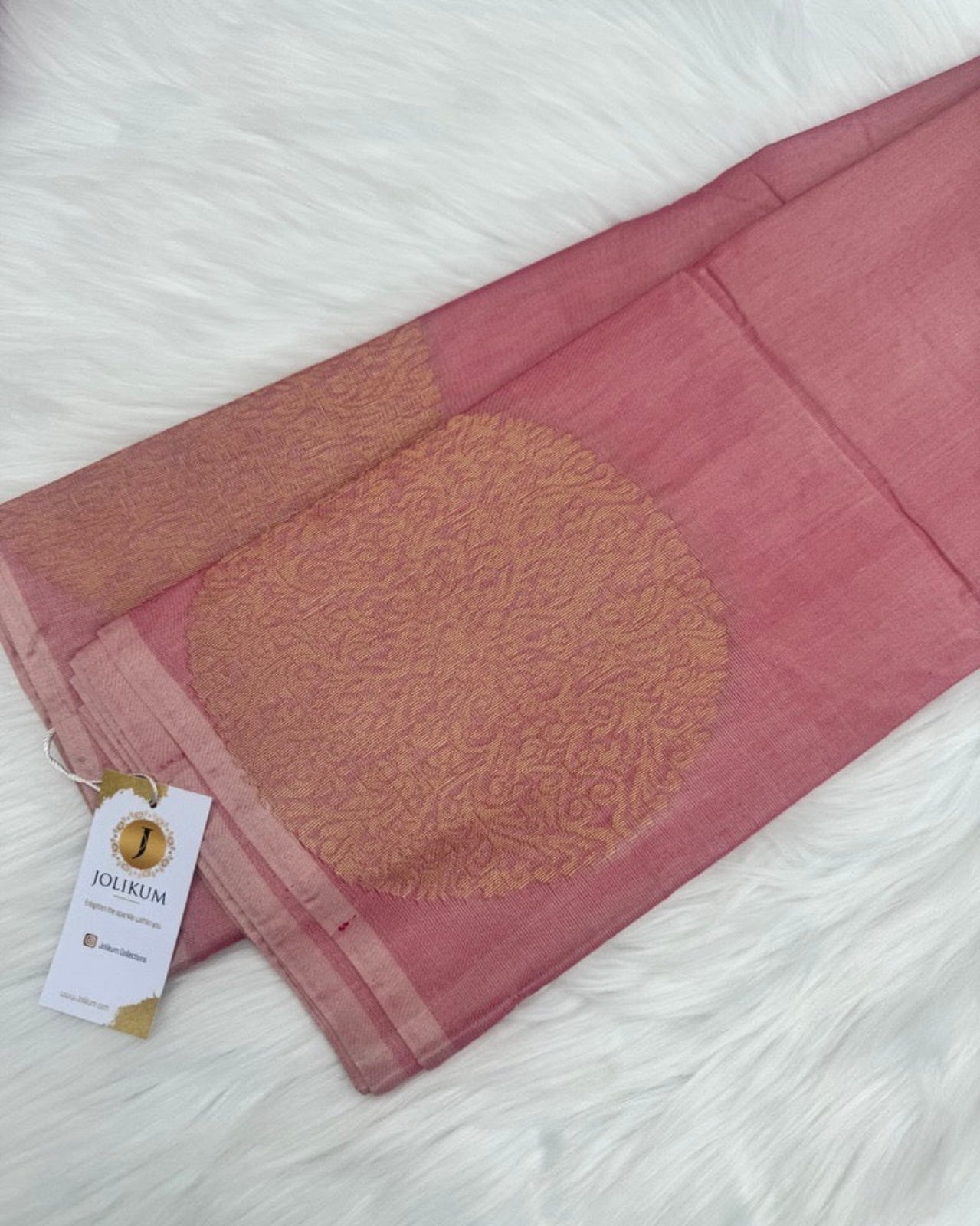 Peach Cotton Silk Saree with Gold Buddha Motifs