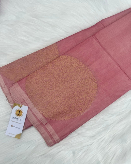 Peach Cotton Silk Saree with Gold Buddha Motifs