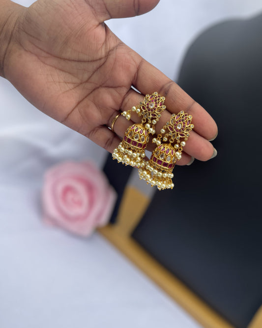 Royal Ruby Pearl Gold Jhumkas