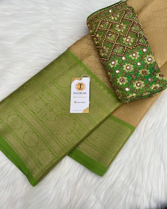 Caramel Soft Silk Saree with Green Designer Blouse