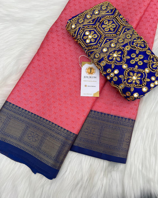 Hot Pink Soft Silk Saree with Navy Blue Designer Blouse