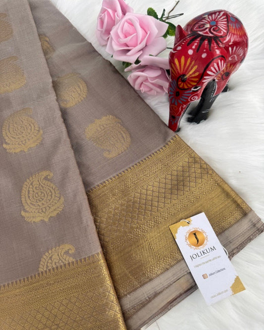 Greyish Nude Semi-Silk Saree with Gold Border and Buddha Motifs