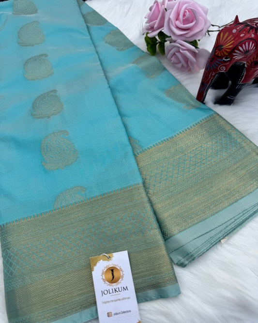 Sky Blue Semi-Silk Saree with Elegant Buddha Motifs