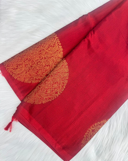 Red Cotton Saree with Gold Buddha Motifs