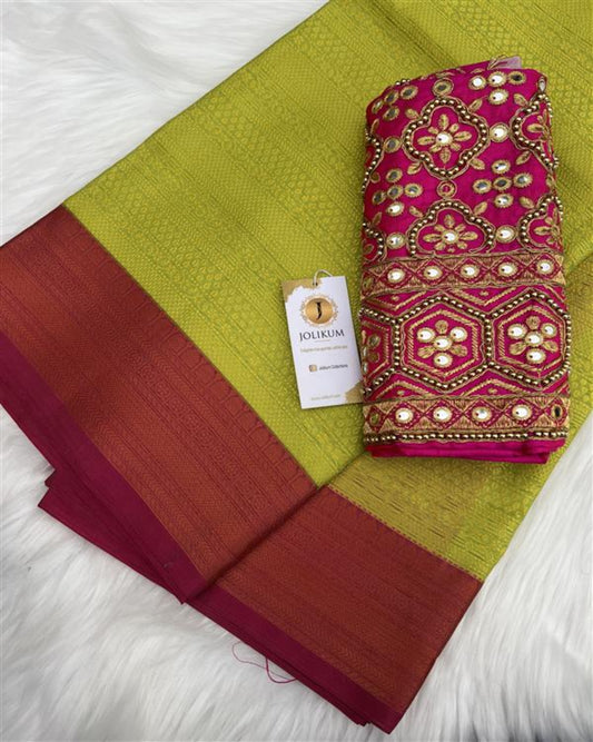 Lime Green Soft Silk Saree with Designer blouse