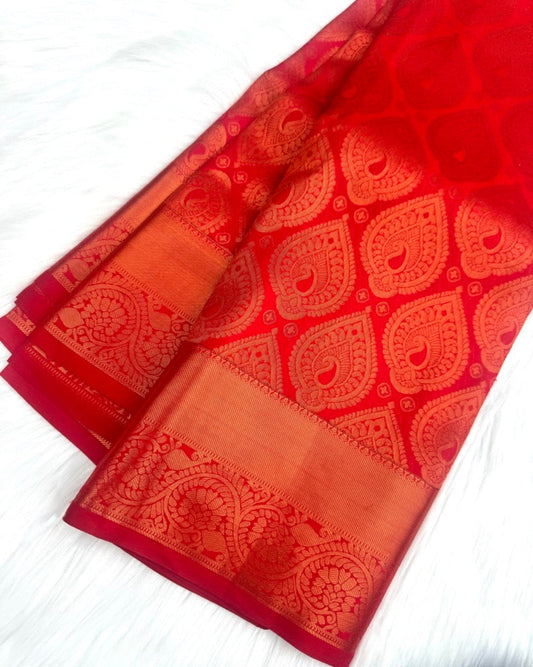 Red silk Saree with Copper Border and Motifs