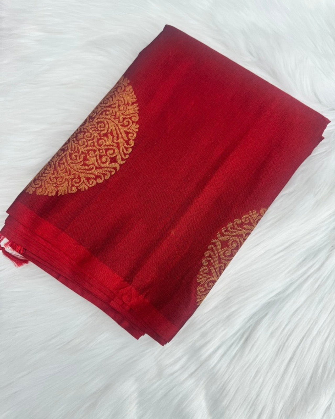 Red Cotton Saree with Gold Buddha Motifs