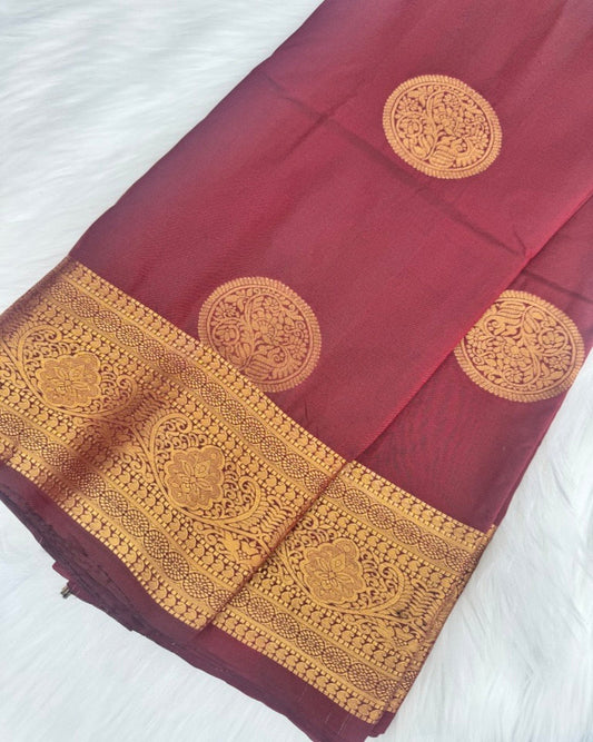 Dark Maroon Semi-Silk Saree with Gold Zari