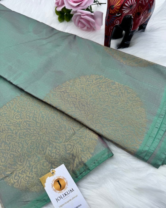 Wild Green Semi-Silk Saree with Bold Buddha Motifs