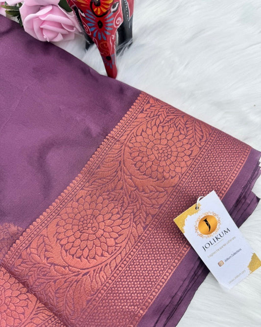 Purple Semi-Silk Saree with Elegant Rose Gold Border
