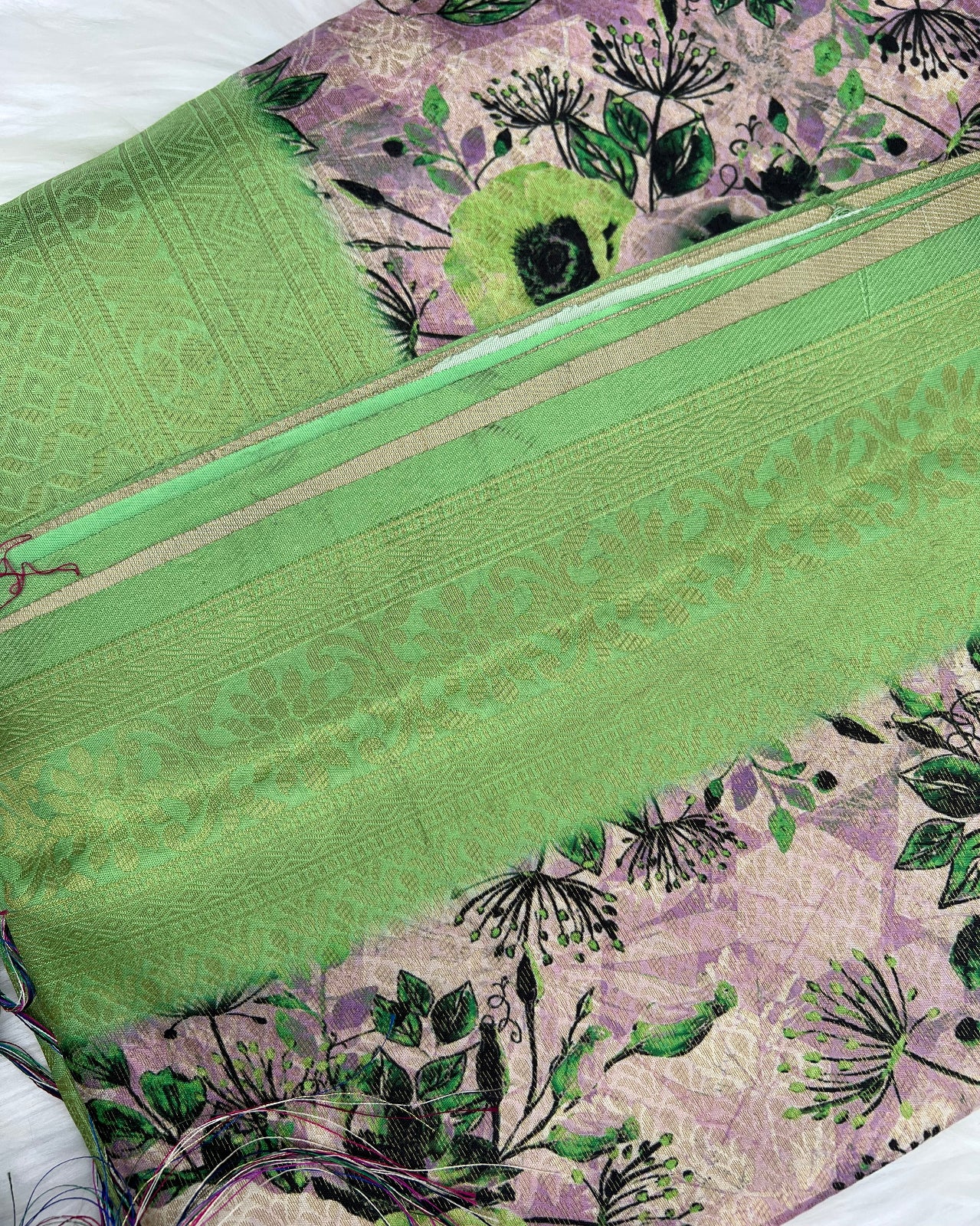 Floral Art Silk Saree with Bright Green Border