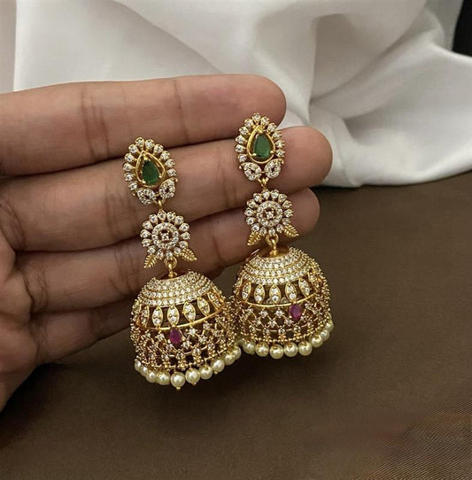 Stone-Studded Gold Bridal Jhumkas with Pearl Drops