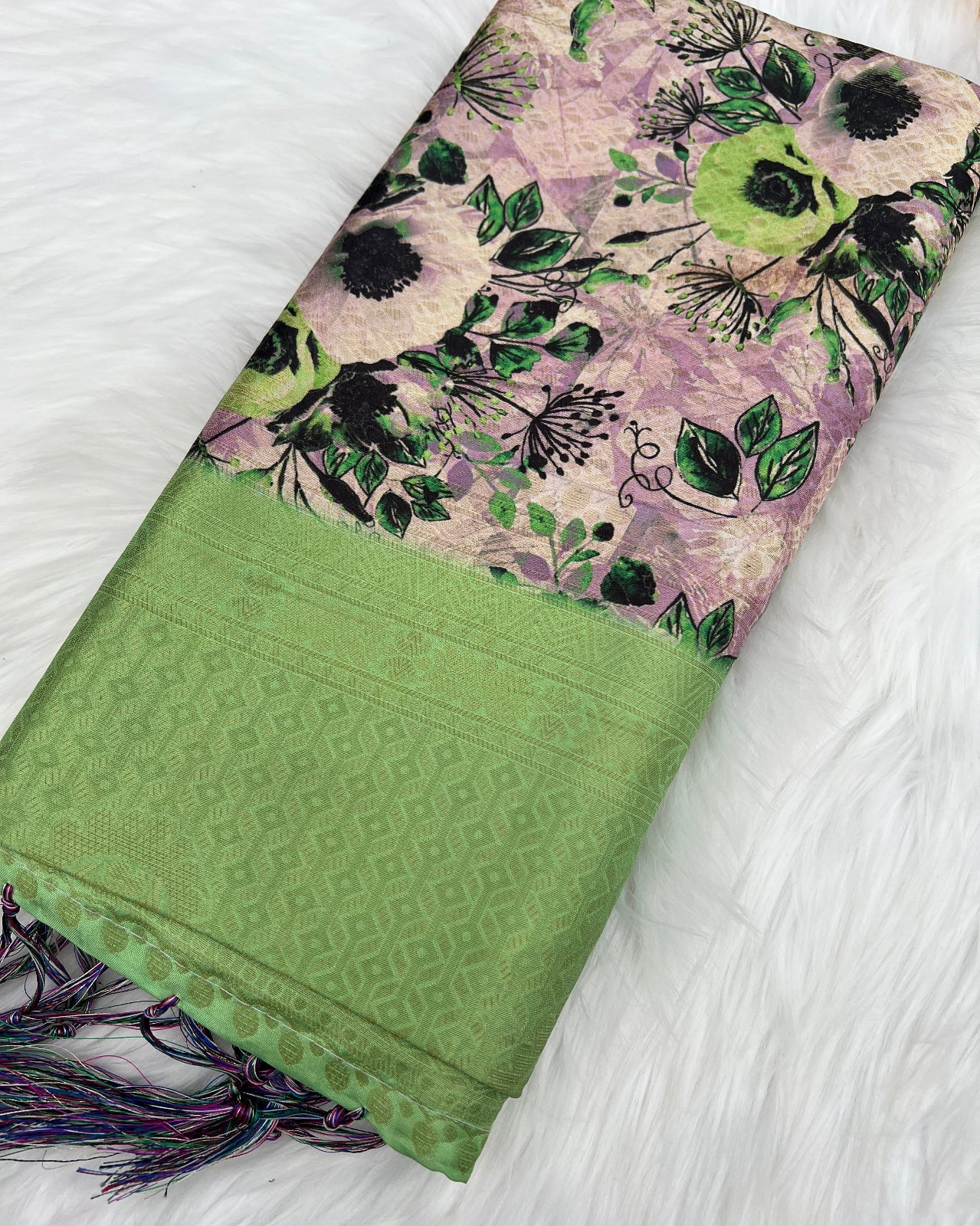 Floral Art Silk Saree with Bright Green Border