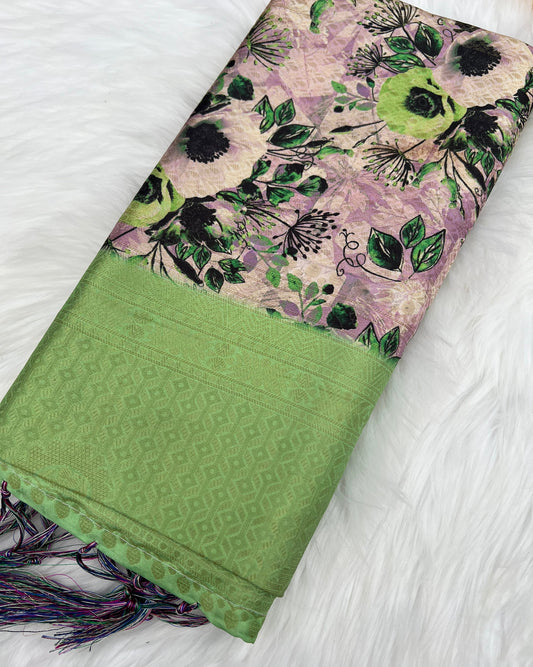 Floral Art Silk Saree with Bright Green Border