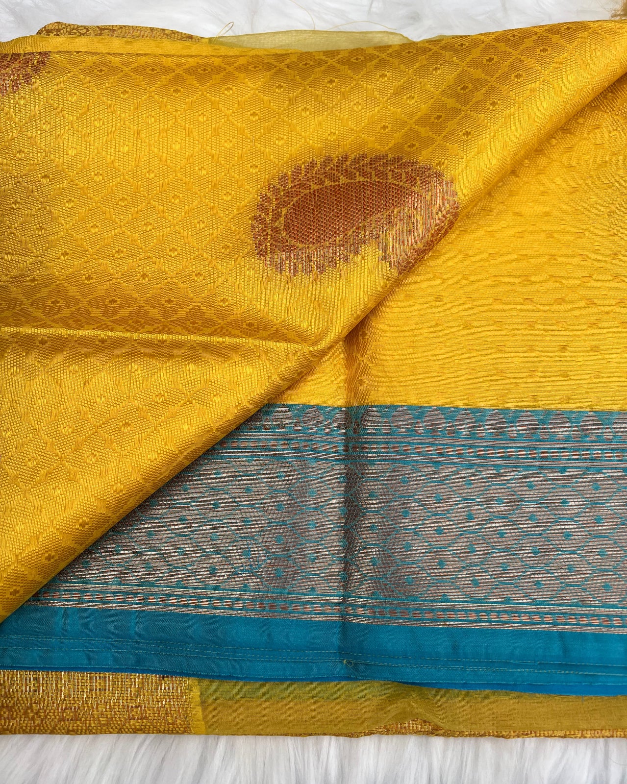 Vibrant Yellow Cotton Silk Saree with Bold Blue Border